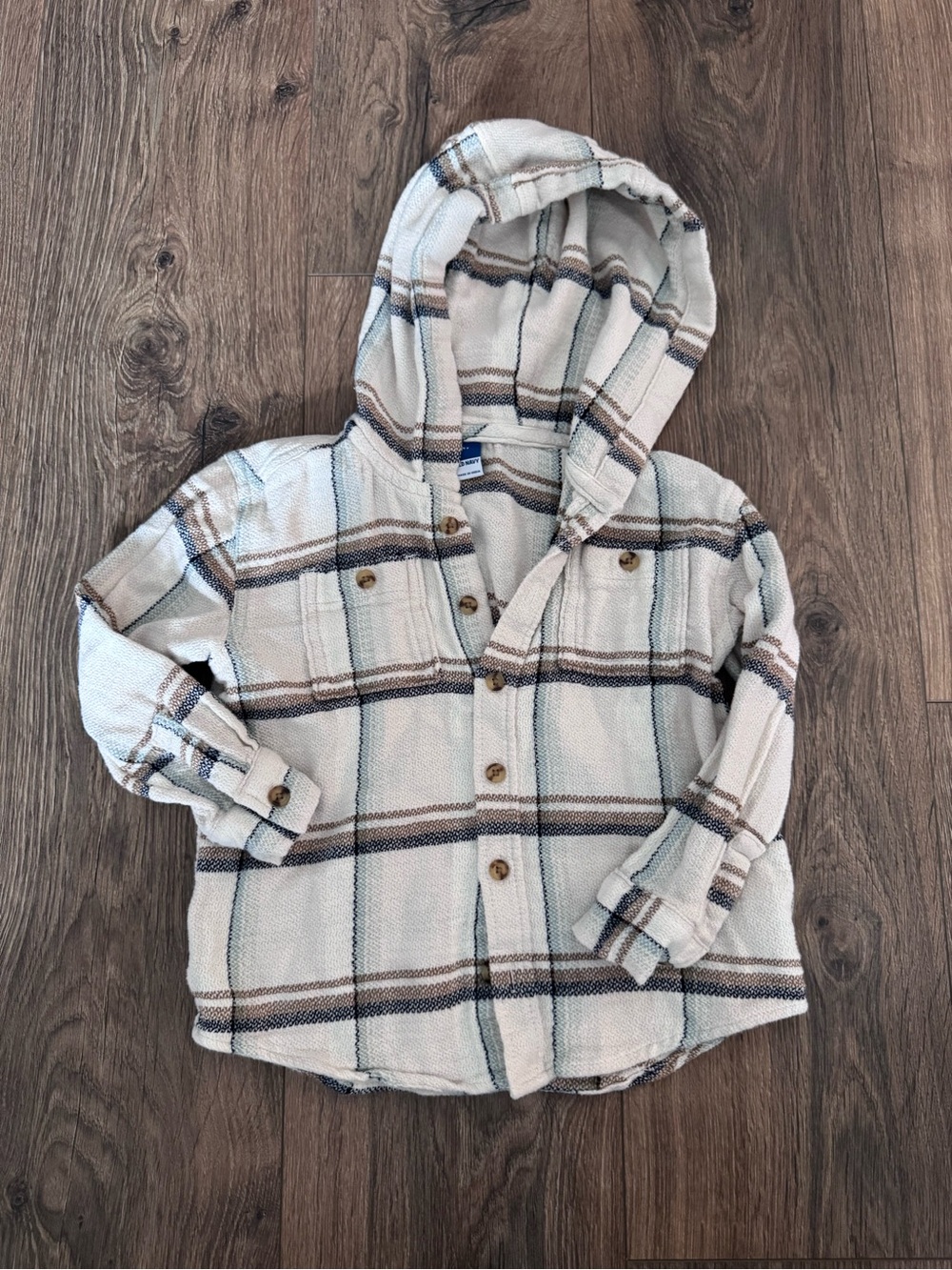 Kids Old Navy Cream Plaid Hooded Button-Up Shirt 4T